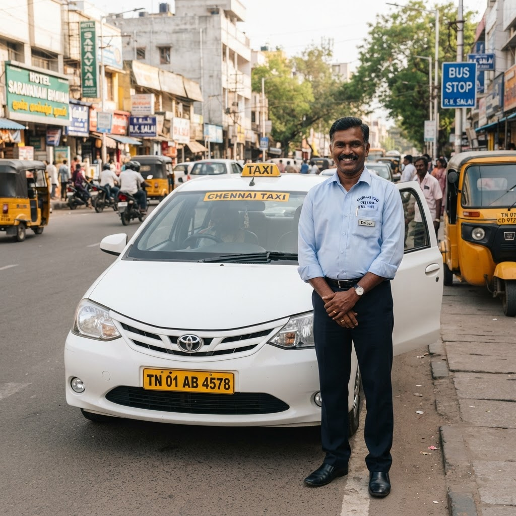 A friendly professional Elijah Travels driver standing beside a clean car in Chennai
