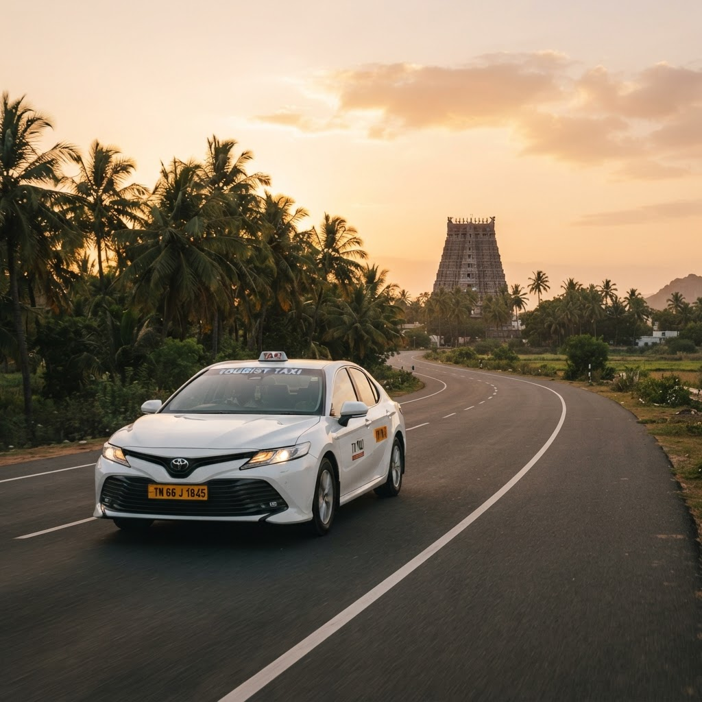 A clean white sedan taxi on a scenic Tamil Nadu highway at golden hour